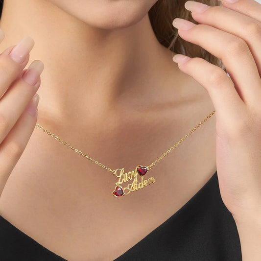 Custom Double Names & Heart Birthsones Necklace