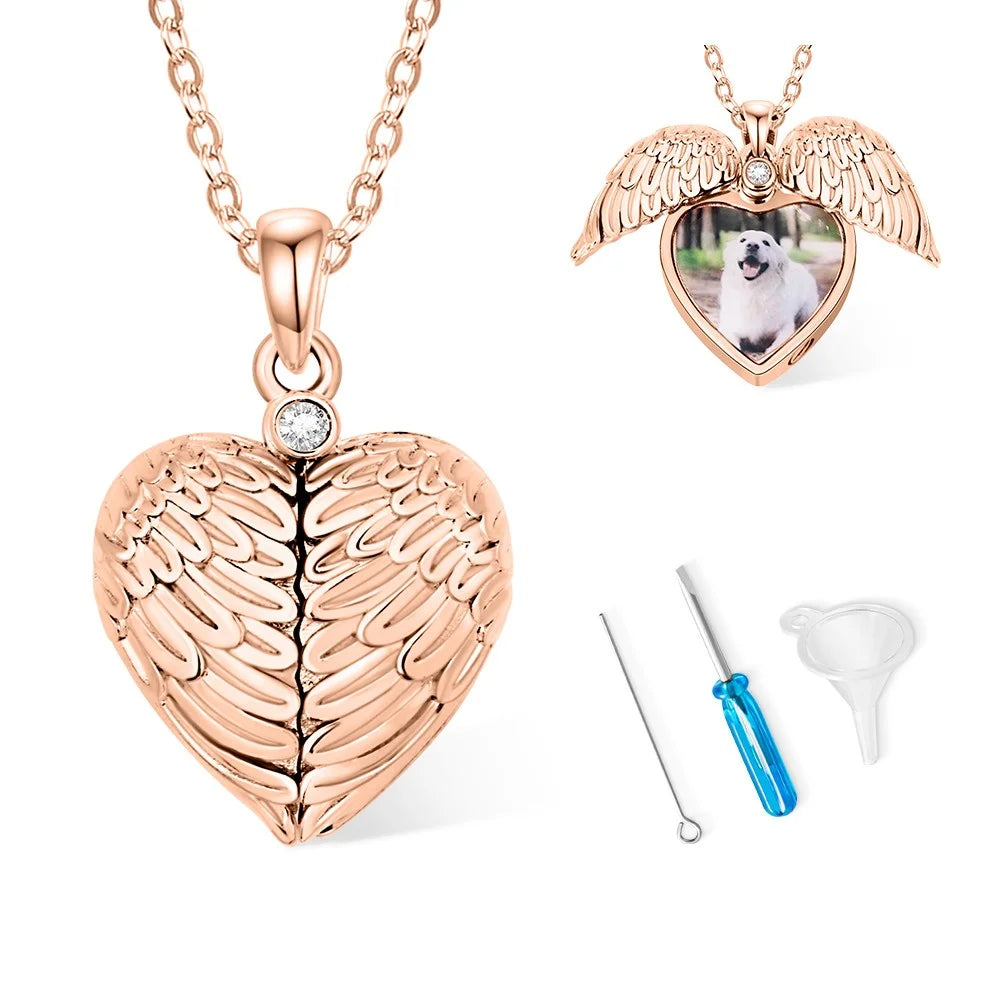Engraved Angel Wings Photo Locket Urn Necklace