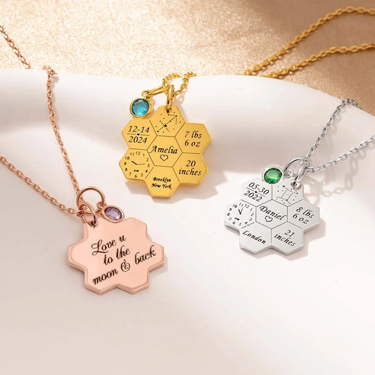 Engraved Baby Birth Stats Honeycomb Necklace