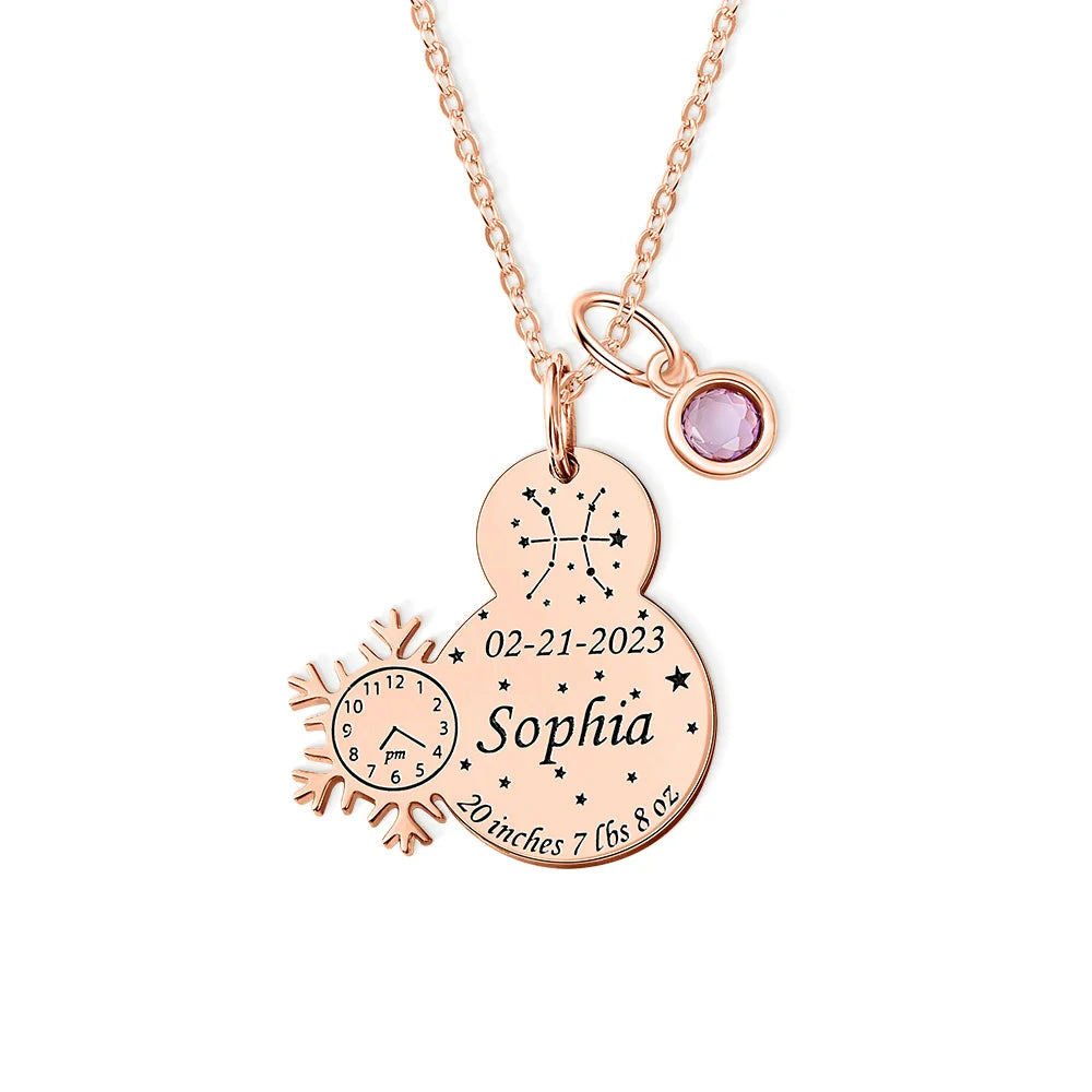 Custom Engraved Baby Birth Stats Snowman Necklace