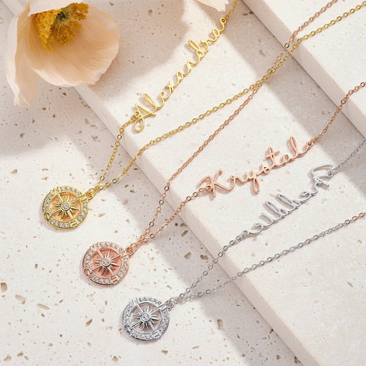 Personalized Name Diamond Compass Necklace