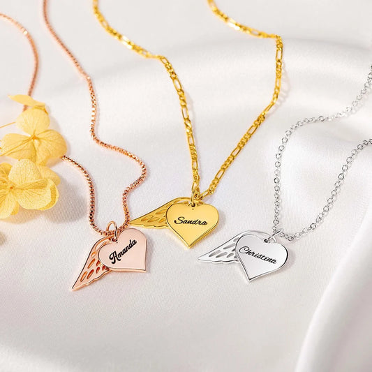 Custom Name Heart Necklace with Angel Wing