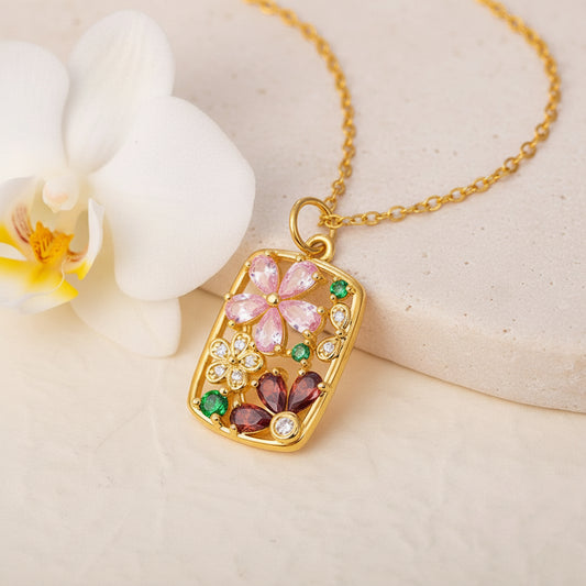 Custom Floral Necklace with 2 Birthstones
