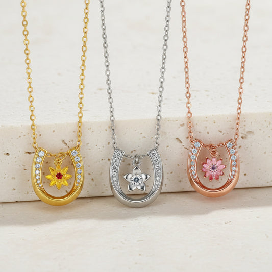 Personalized Horseshoe Necklace with Birth Flower