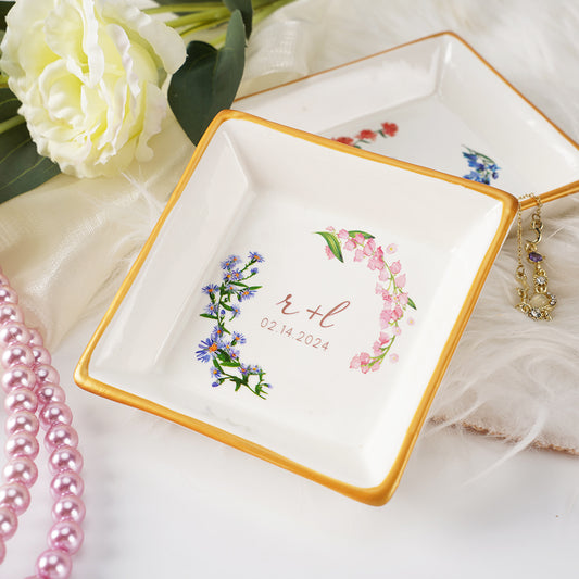 Custom Double Birth Flower Ring Dish with Initials & Date