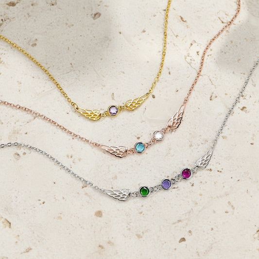 Custom 1-3 Birthstone Angel Wings Necklace