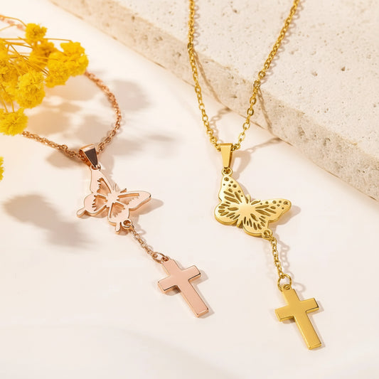 Custom Birth Butterfly Cross Necklace