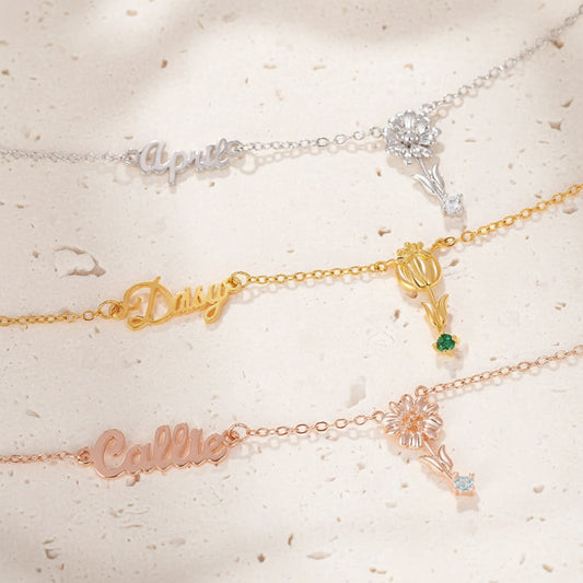 Personalized Y Name Necklace with Birth Flower & Birthstone
