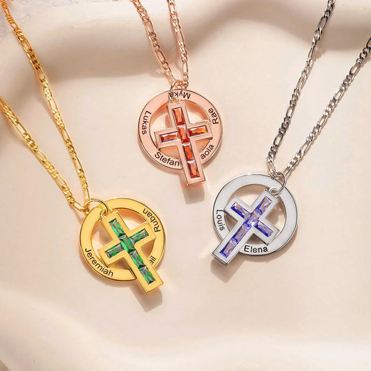 Personalized Names Birthstone Cross Necklace