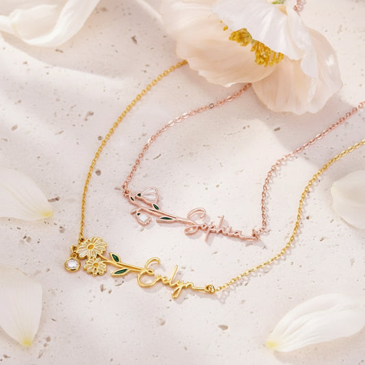 Custom Name Birth Flower Necklace with Birthstone
