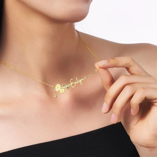 Custom Name Birth Flower Necklace with Birthstone