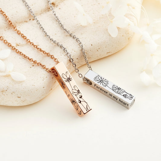 Engraved Bar Birth Flower Urn Necklace