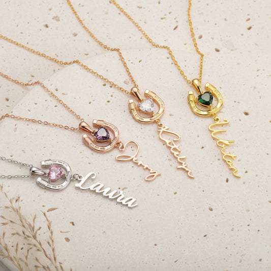 Custom Name Horseshoe Necklace with Birthstone