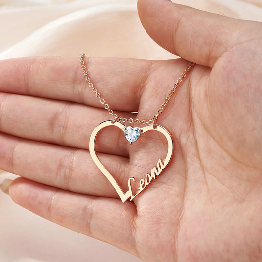 Personalized Heart Necklace with Birthstone & Name