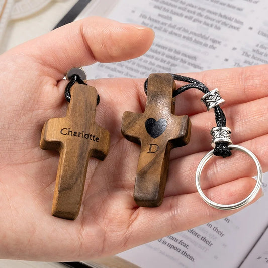 Personalized Name & Initial Wooden Cross Keychain