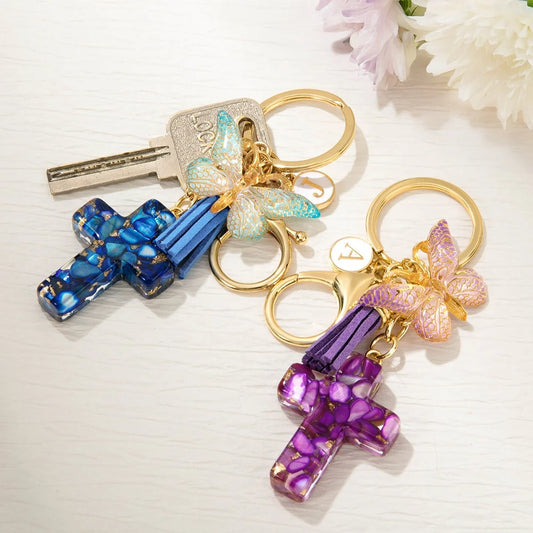 Custom Initial Resin Cross Keychain with Charms