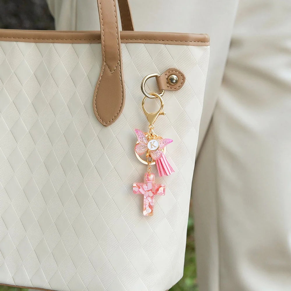 Custom Initial Resin Cross Keychain with Charms