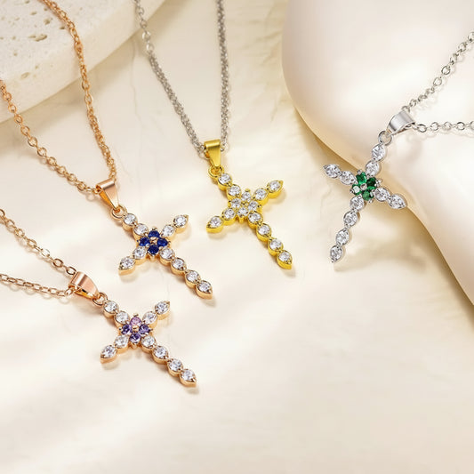 Personalized Cross Necklace with Birthstones