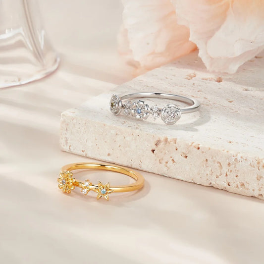 Custom Combined Birth Flowers Ring with Birthstones