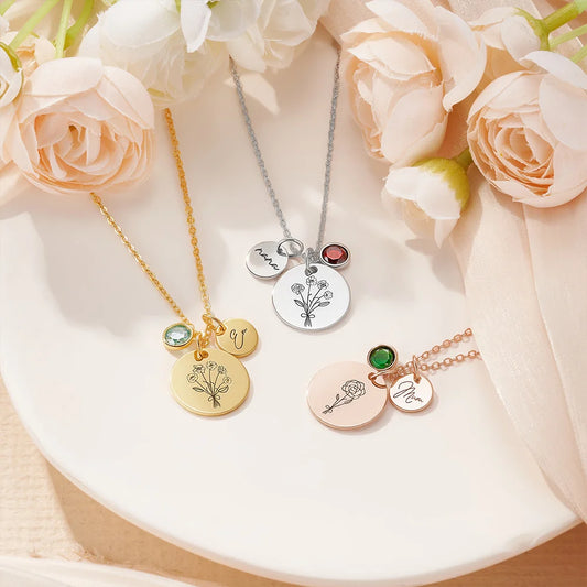 Custom Engraved Birth Flower Bouquet Necklace with Birthstone
