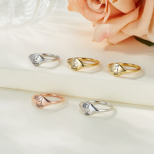 Custom Engraved Cat Silhouette Signet Ring with Name