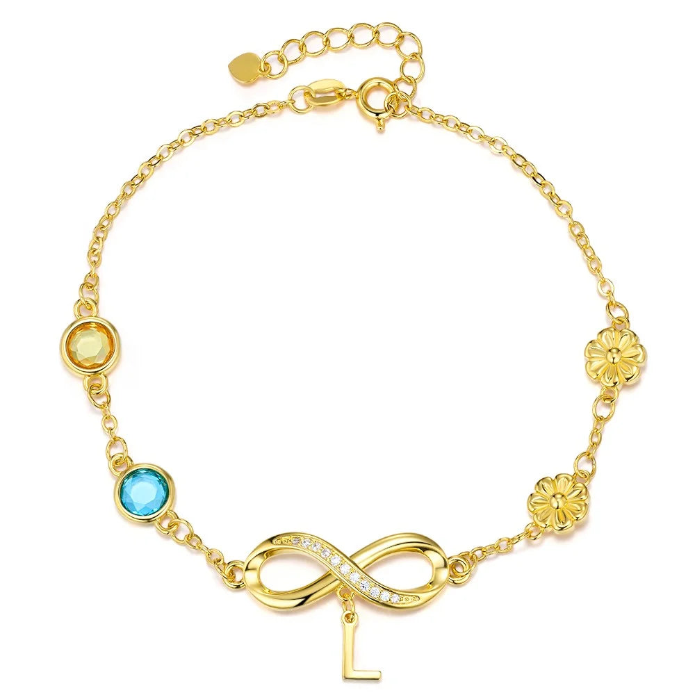 Personalized Birthstone & Birth Flower Infinity Bracelet with Initial