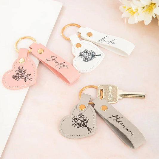 Personalized Name Birth Flower Leather Keychain