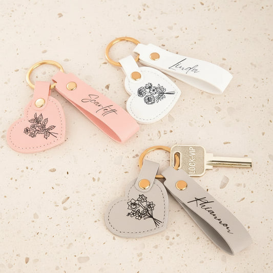 Personalized Name Birth Flower Leather Keychain