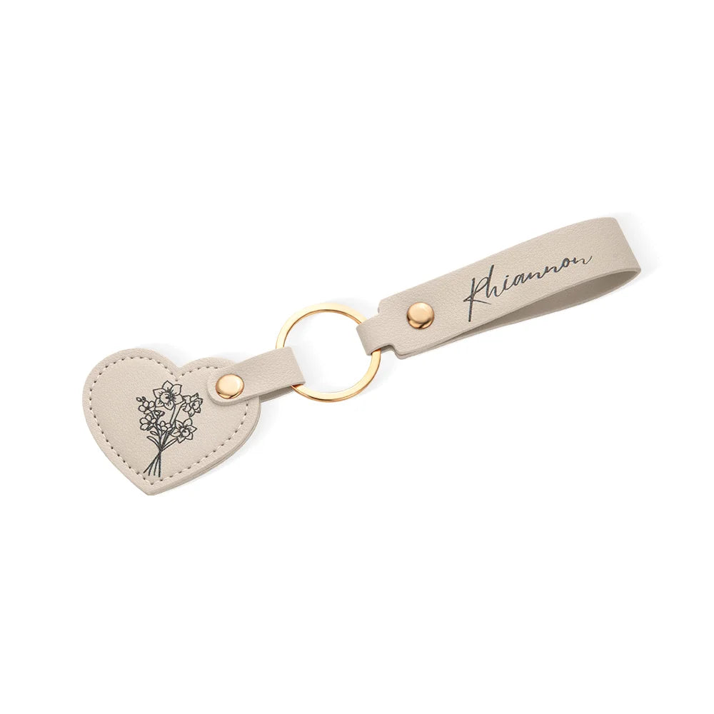 Personalized Name Birth Flower Leather Keychain