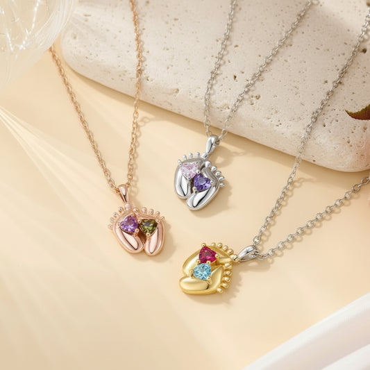 Custom Baby Feet Double Birthstone Necklace
