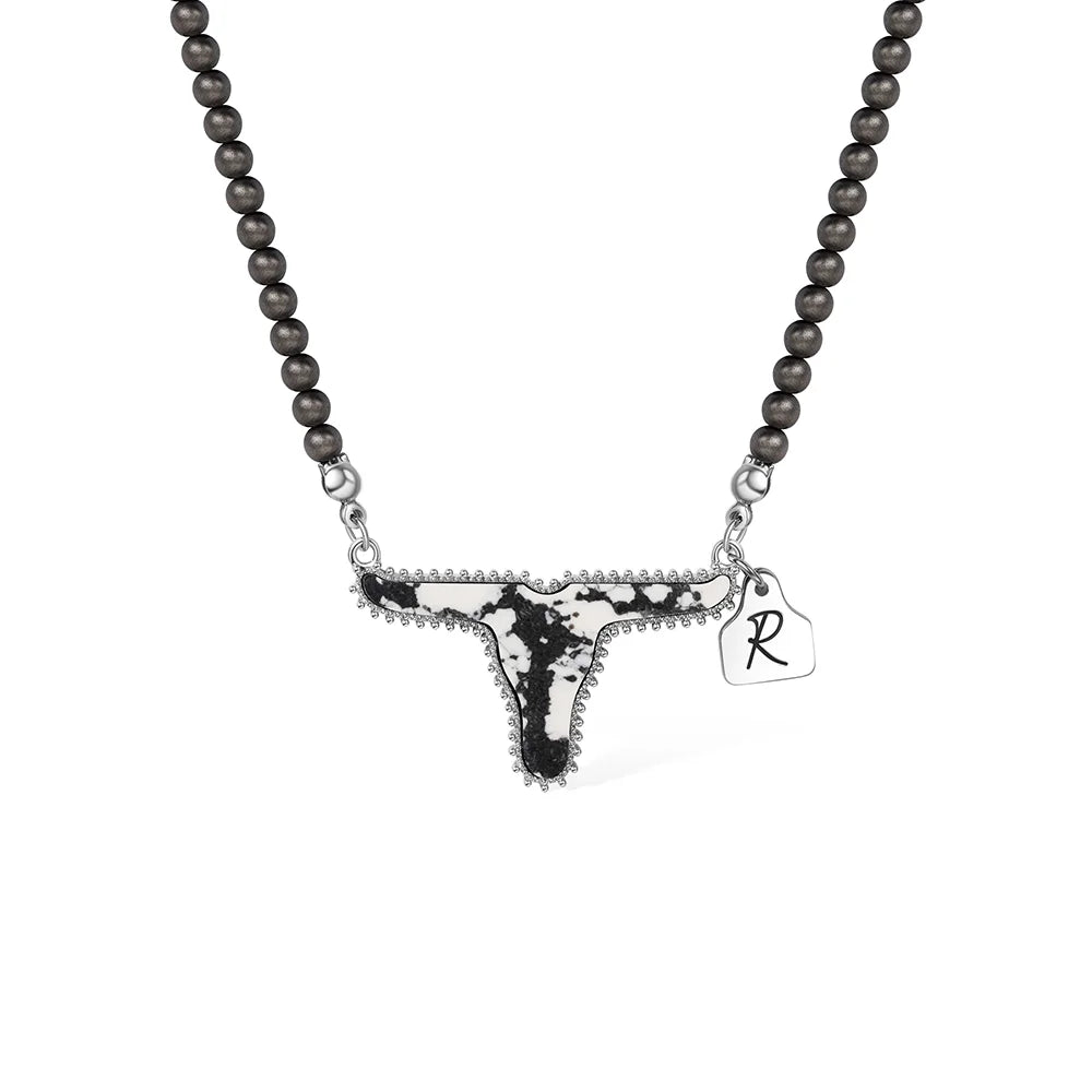 Personalized Cow Navajo Pearl Necklace with Initial Ear Tag