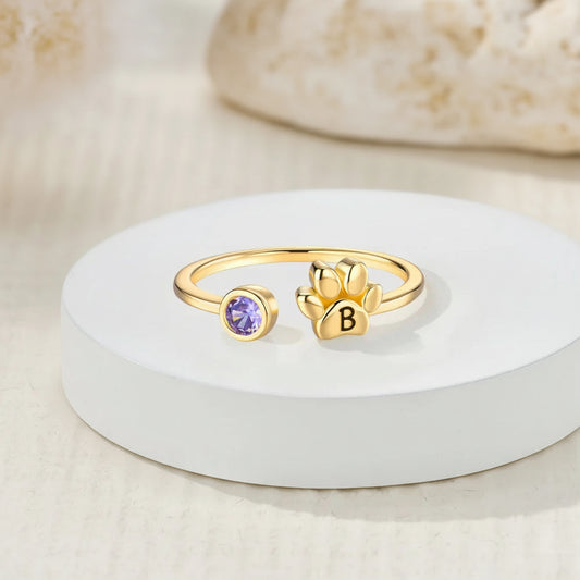 Custom Pet Paw Initial Birthstone Ring