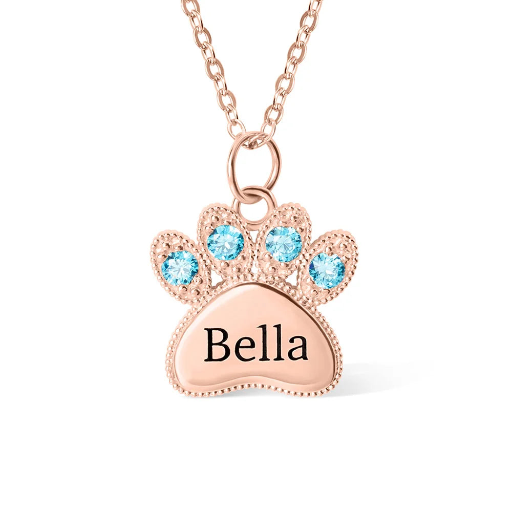 Custom Engraved Name Pet Paw Necklace with Birthstones