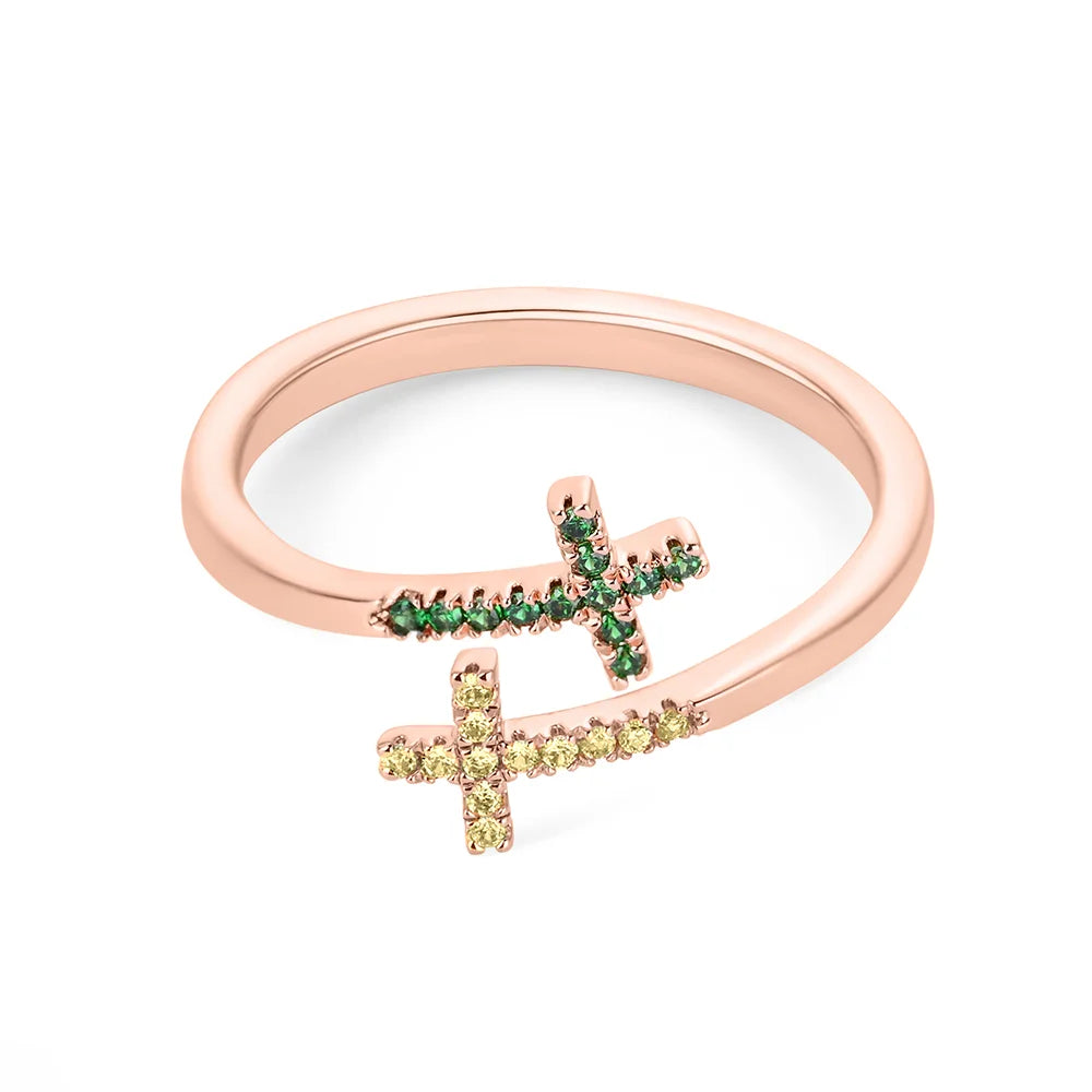 Custom Engraved Double Birthstone Cross Ring