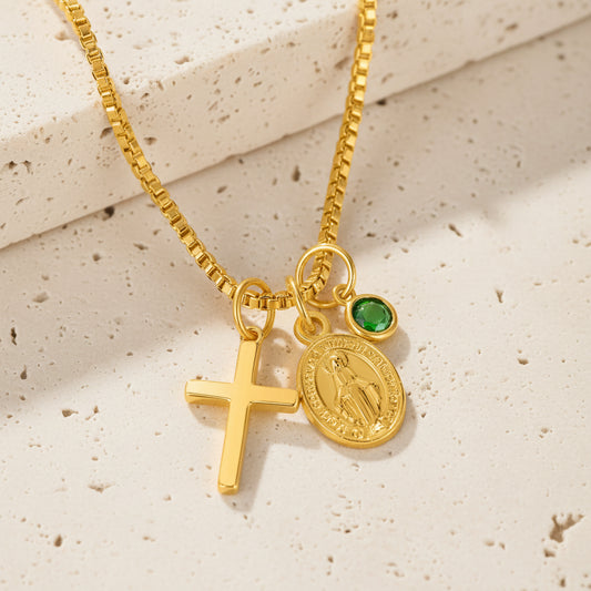 Personalized Virgin Mary Cross Charm Necklace with Birthstone