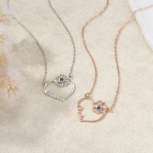 Custom Name Heart Birth Flower Necklace with Birthstone
