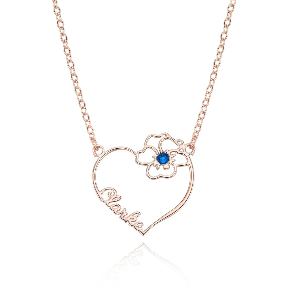 Custom Name Heart Birth Flower Necklace with Birthstone