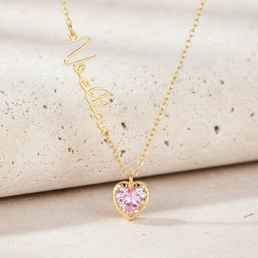 Personalized Heart Birthstone Necklace with Name