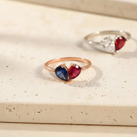 Custom Double Birthstone Dainty Heart Ring