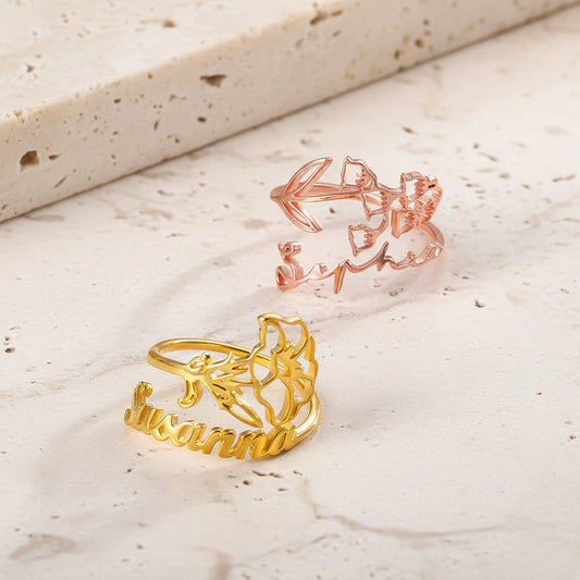 Custom Name Birth Flower Ring 925 Sterling Silver