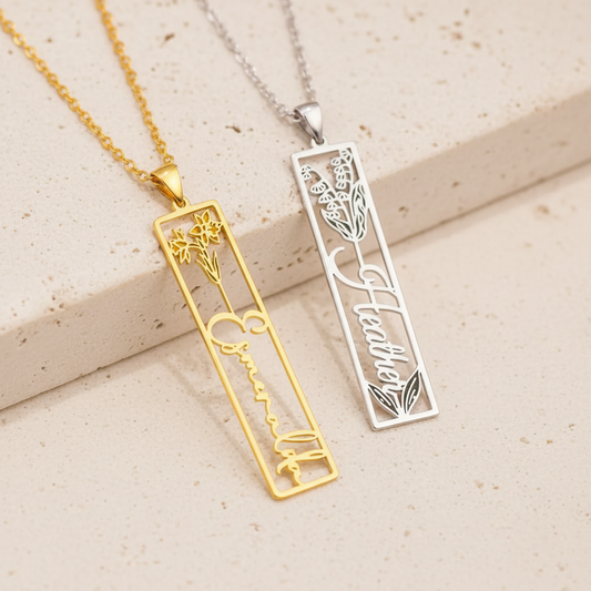 Custom Name Birth Flower Bar Necklace