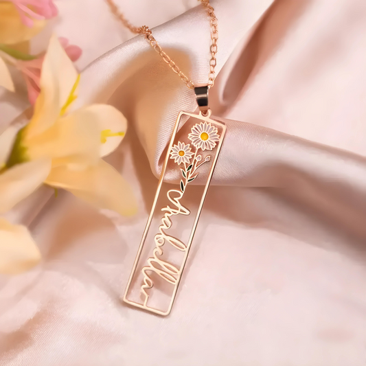Custom Name Birth Flower Bar Necklace