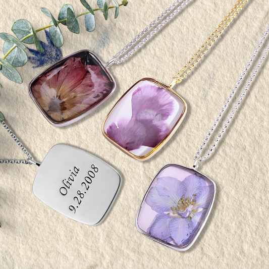 Dried Birth Flowers Resin Engraved Necklace