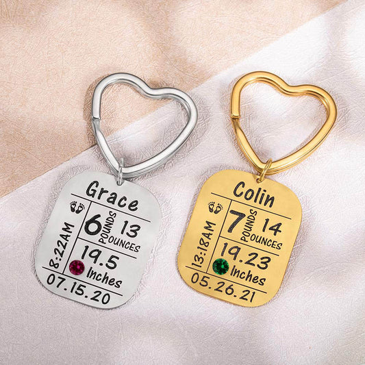 Custom Baby Stats Keychain with Birthstone