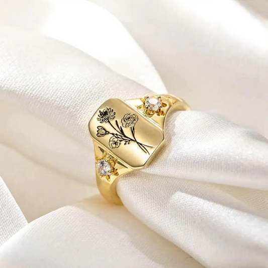 Combined Birth Flowers Signet Ring