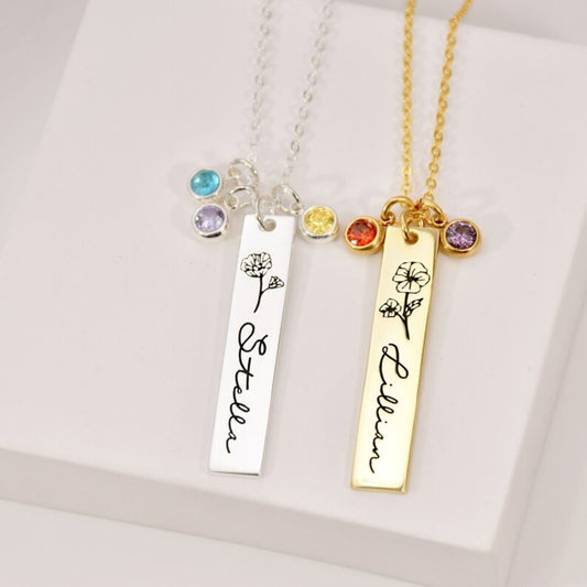 Engraved Birth Flower Bar Necklace with Birthstone