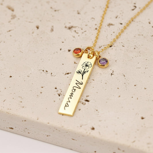 Engraved Birth Flower Bar Necklace with Birthstone