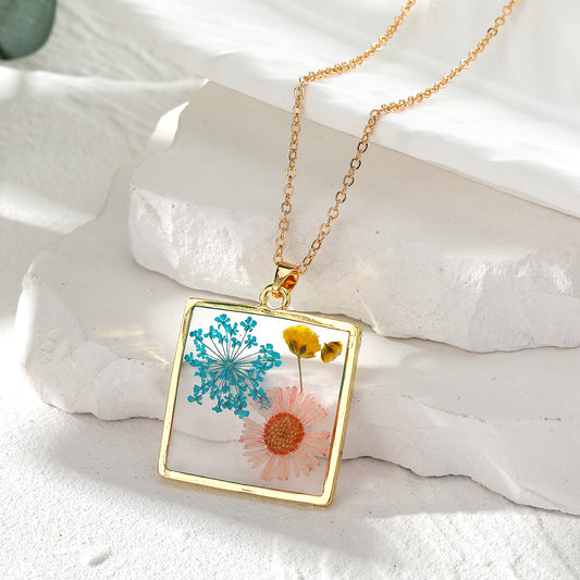 Pressed Flowers Resin Pendant Necklace
