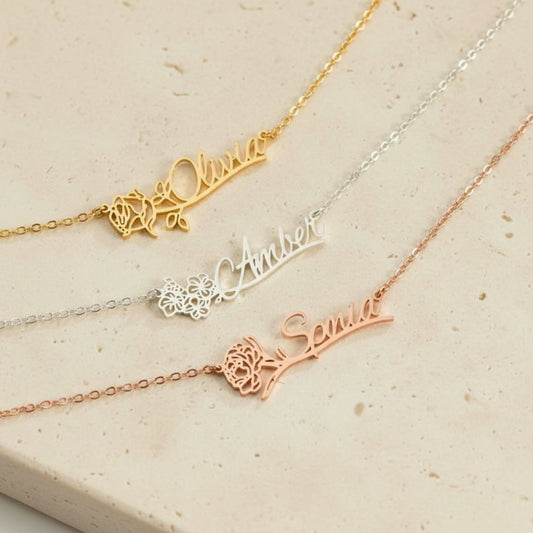 Personalized Name Birth Flower Necklace