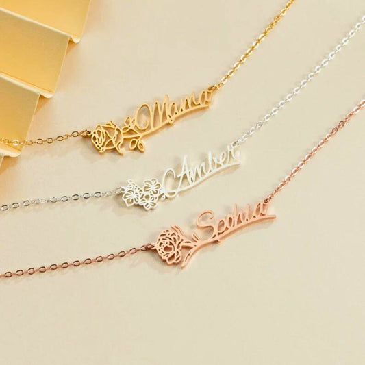 Personalized Name Birth Flower Necklace